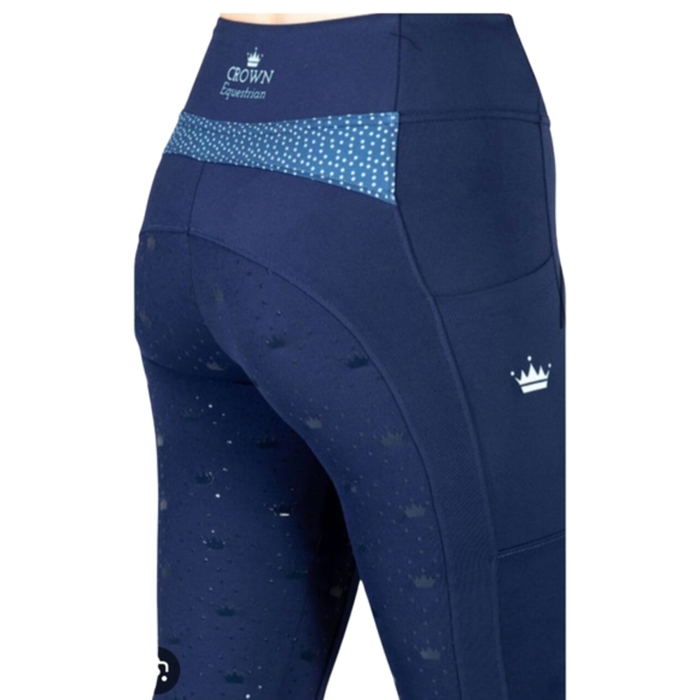 Crown Equestrian Riding Tights Breeches Navy Blue Polka Dot Grip, Size Small - Picture 2 of 12